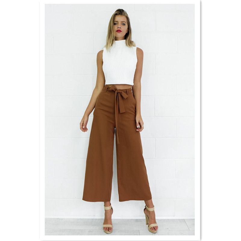 

New Summer and Autumn European and American Mid-Rise Pants Lace-up Wide Leg Loose Ankle-Length Pants Natural Waist Popular Leisure Women s Pants Brown M
