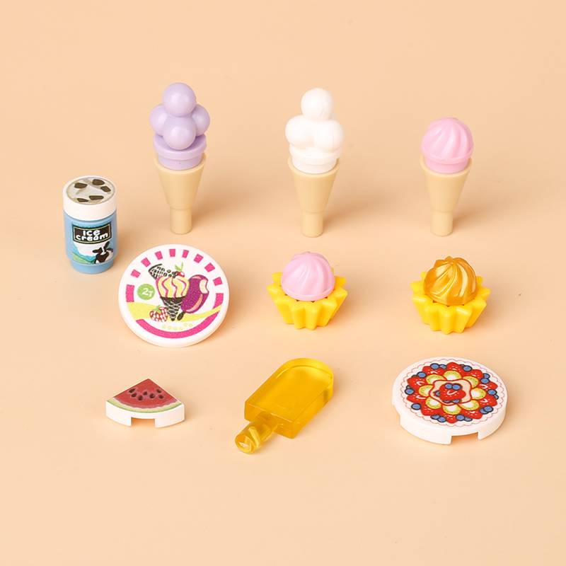 City Food Building Blocks Character Accessories Printing Set Fish Mushroom Fruit Burger Refrigerator Hot Dog Pizza Basin Toy