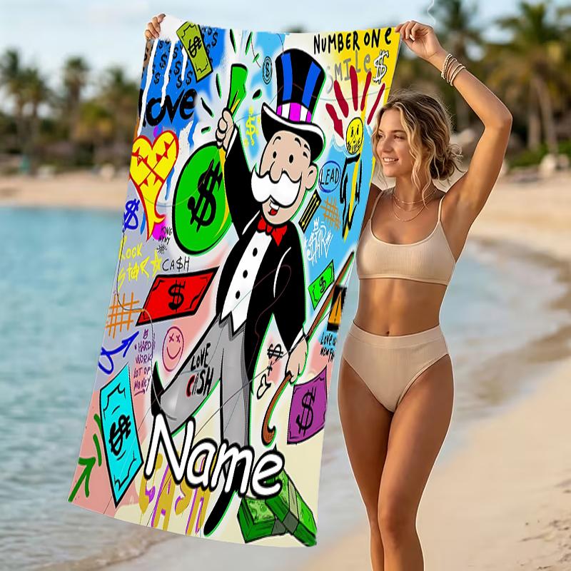 Customizable personalized beach towels Mr. Monopoly themed designs.Suitable for the beach, yoga, sports;ideal as beach accessories