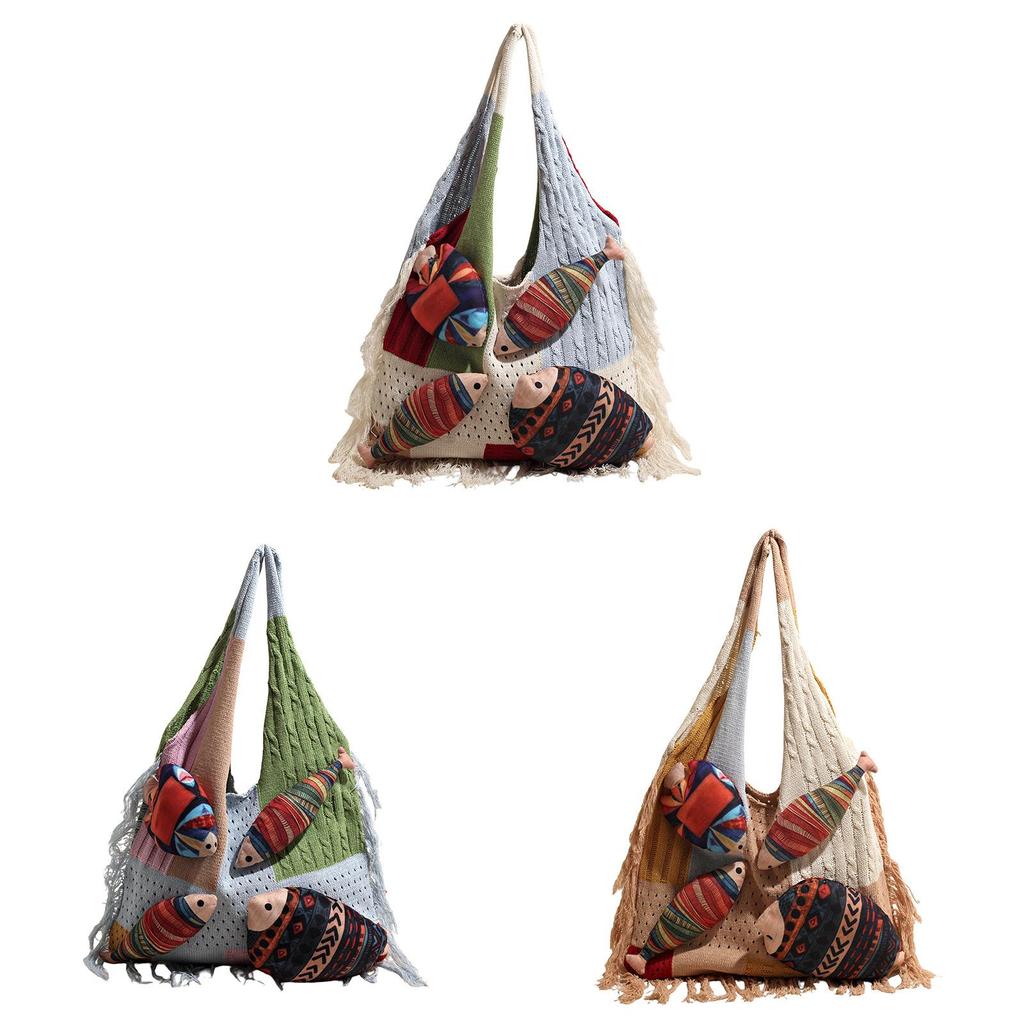 Cotton Knitted Large Capacity Tote Bag With Open Top For Casual Travel And Beach Use