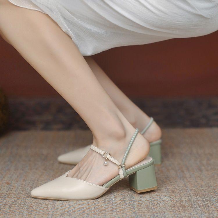 Soft Leather Half Slippers for Women, Pointed Toe Sandals for Women's Outdoor Wear, Thick Heels for Women's Middle Wear, and Two Pairs of Slippers