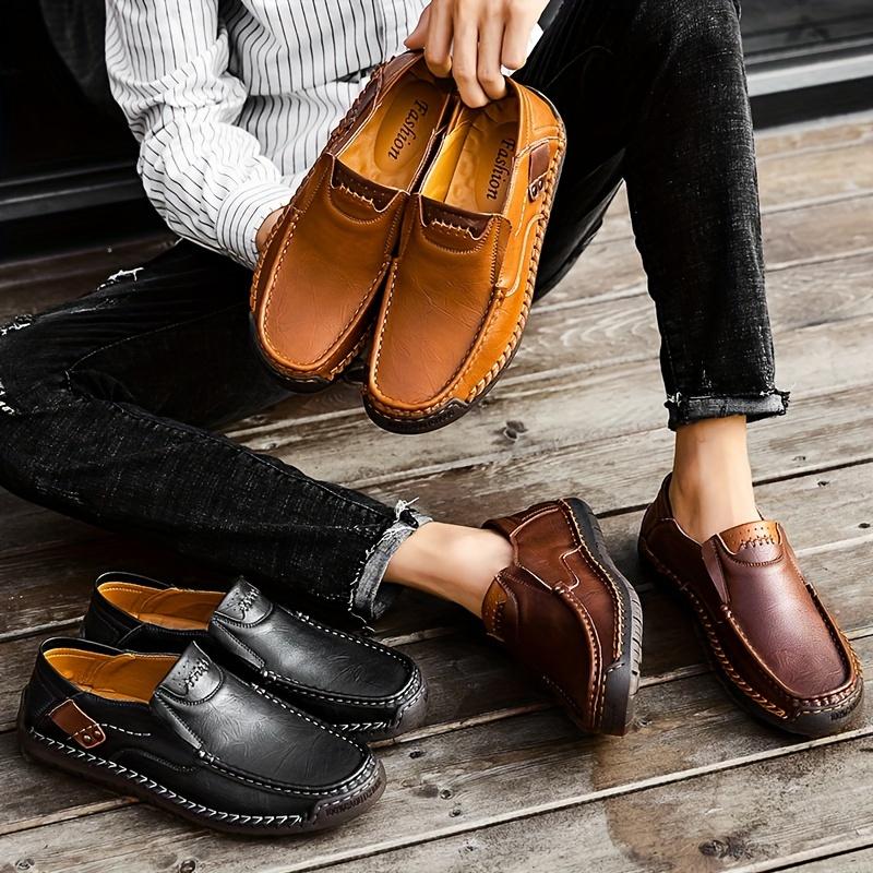 Hand-stitched Men's Outdoor Casual Shoes,Slip-on Flat Leather Shoes,Spring Breathable Plus Size Loafers