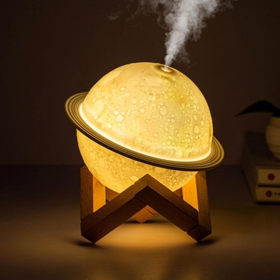 3D Planet Night Light Humidifier Quiet USB Mini Air Humidifier with Wooden Stand Home Office Bedroom Bedside Lamp Desktop Humidifier