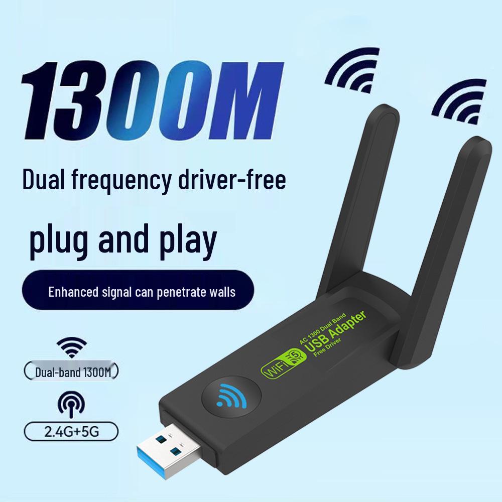 1300M Dual-Band Wireless Network Adapter 5G - Plug & Play for Laptop/Desktop