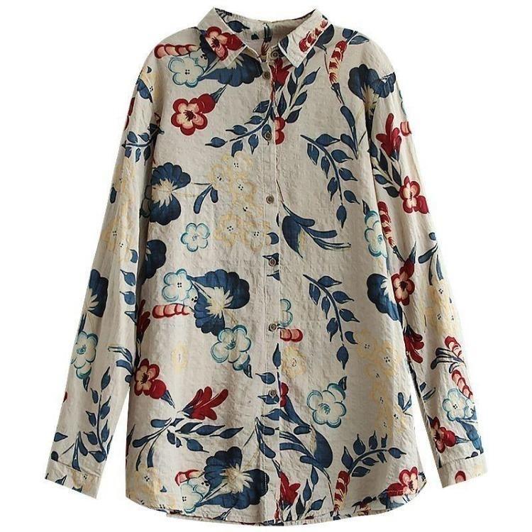 Fashion Women Long Sleeved Shirt Floral Printed Cotton Linen Loose Slimming Retro Artistic Hong Kong Style Trendy Collar Spring Autumn