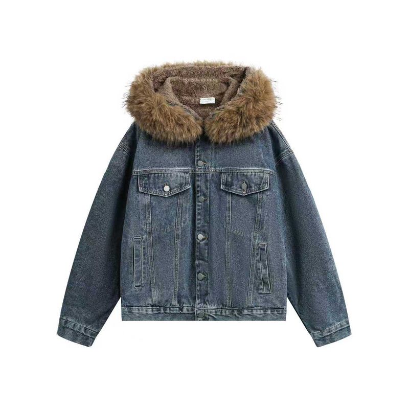 

Cabbage Coke American Retro Fur Collar Mountain Carving Washed Denim Jacket Unisex Casual Winter Warm Coat Trendy Blue 2XL