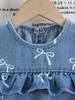Single-piece Girls' Everyday Casual Summer Dress with Bow Print, Round Neck, Ruffled Trim, Cute and Versatile Sleeveless Denim Dress.