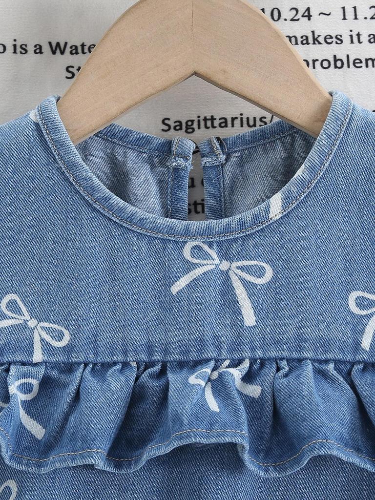 Single-piece Girls' Everyday Casual Summer Dress with Bow Print, Round Neck, Ruffled Trim, Cute and Versatile Sleeveless Denim Dress.