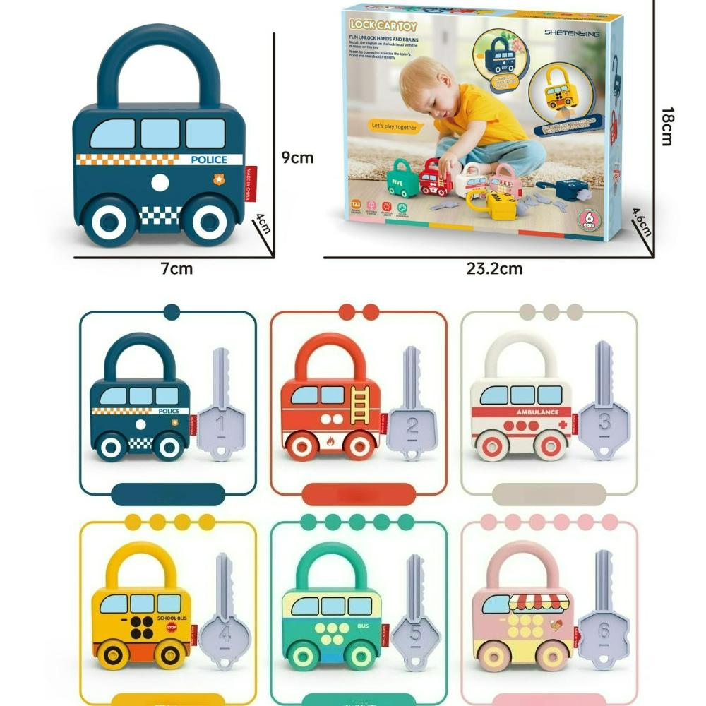 

Educational Car Shaped Puzzle Matching Lock Toy with Key for Children - Intellectual Development Cognition Buckle Unlocking Game 6pcs
