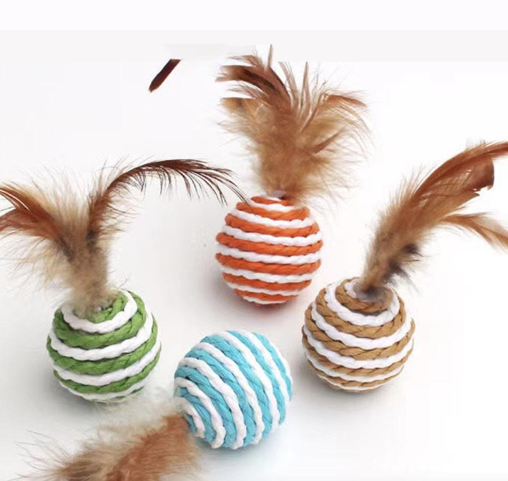 2pcs Cat Toy Pet Rattan Ball Cat Toy Funny Faux Feather Cat Bell Ball Kitten Playing Interactive Ball Toys Pet Supplies
