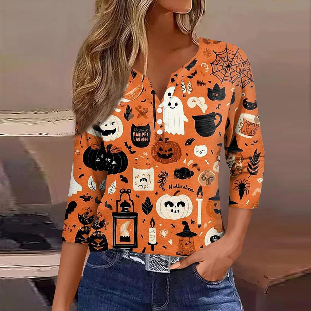 Damen V-Ausschnitt Knopf Halloween Dreiviertelarm T-Shirt Top