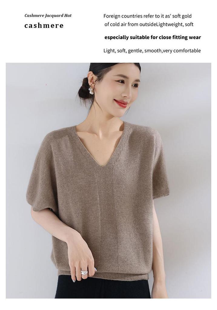 Women's V-Neck Loose-Fit Pure Cashmere Knitwear - Short Sleeve, 100% Goat Cashmere Pullover for Spring and Autumn.