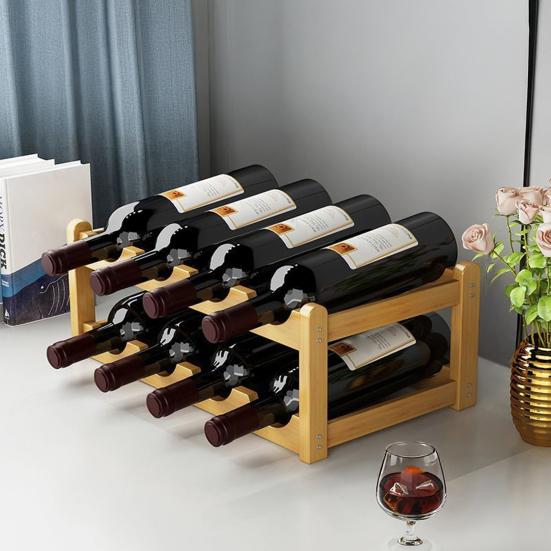 Bamboo Wine Rack Holder Bar Cabinets Stackable Storage Cube Tabletop for Champagne Multilayer DIY Assembled Natural Wood Bottle Holder for Kitchen