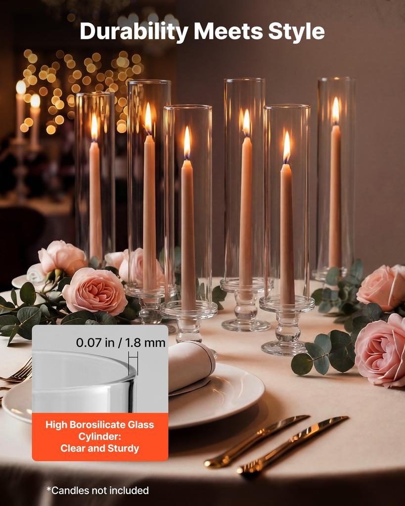 Hurricane Candle Holders Set of 24, 320 mm Tall Clear Glass Taper Candle Holders, High Borosilicate Glass, 2.36 in Cylinder for Wedding, Table