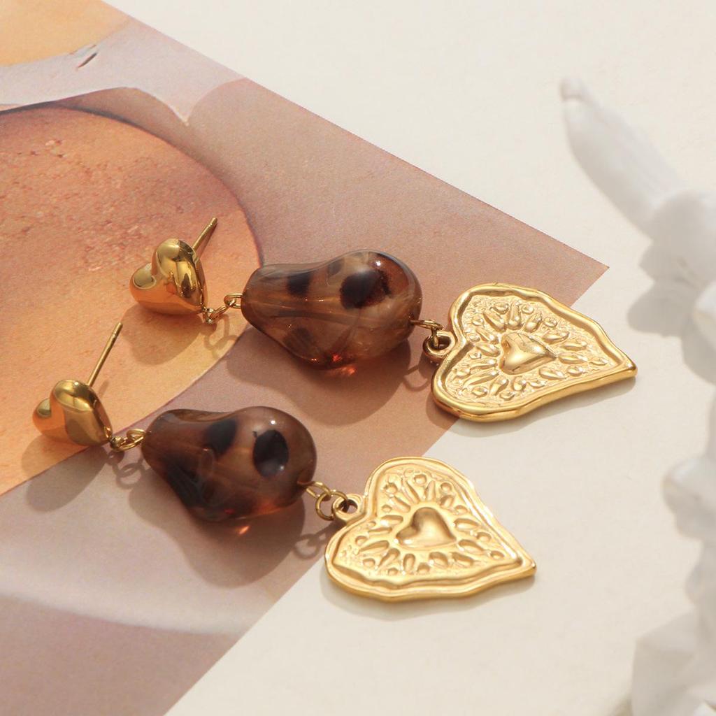 Stainless Steel Leopard Print Love Heart Dangle Stud Earrings for Women