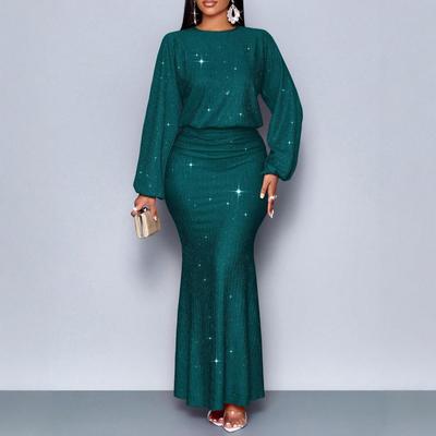 Women Sparkling Glitter Long Sleeve Two Piece Maxi Dress with Ruched Detail