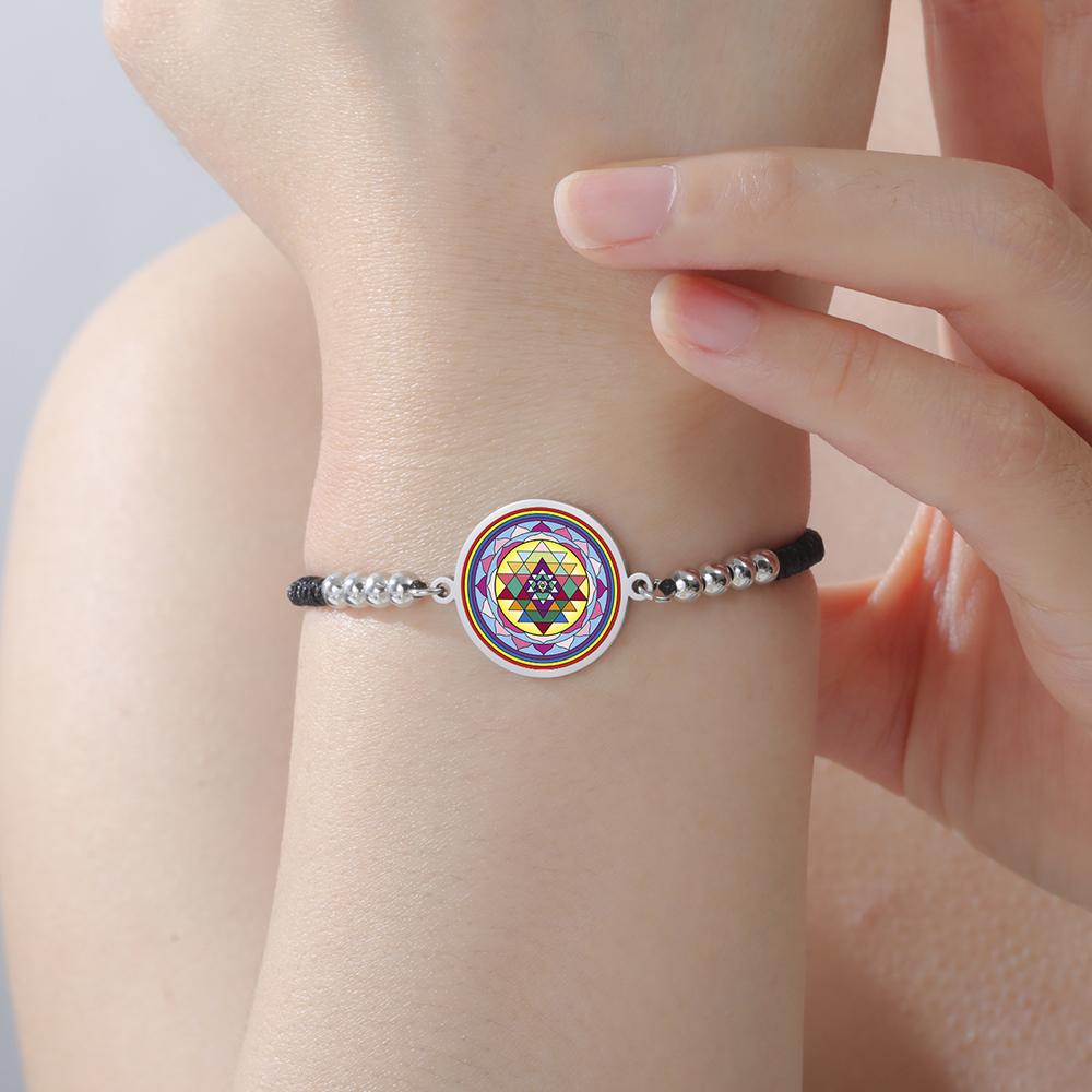Dawapara Sri Yantra Bracelet Adjustable Braided Rope Sacred Geometry Mandala Chakra Spiritual Jewelry Stainless Steel