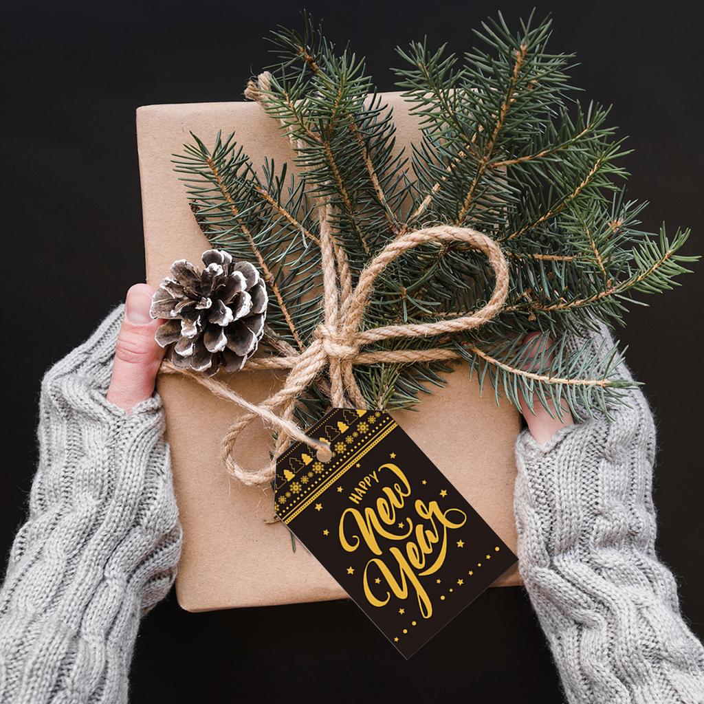 24pcs/set Happy New Year Labels DIY Black Gold Gift Wrapping Paper Hang Tags Paper Cards for New Year Party