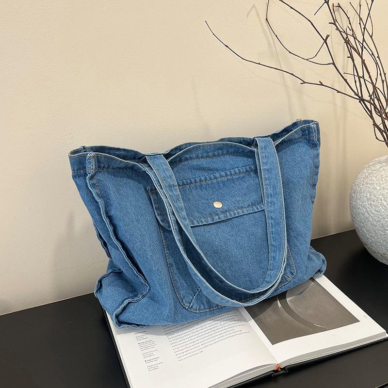 

Простая повседневная литературно-художественная сумка из денима универсального однотонного цвета, сумка через плечо, подмышечная сумка, большая вместительная сумка-тоут светло-синий