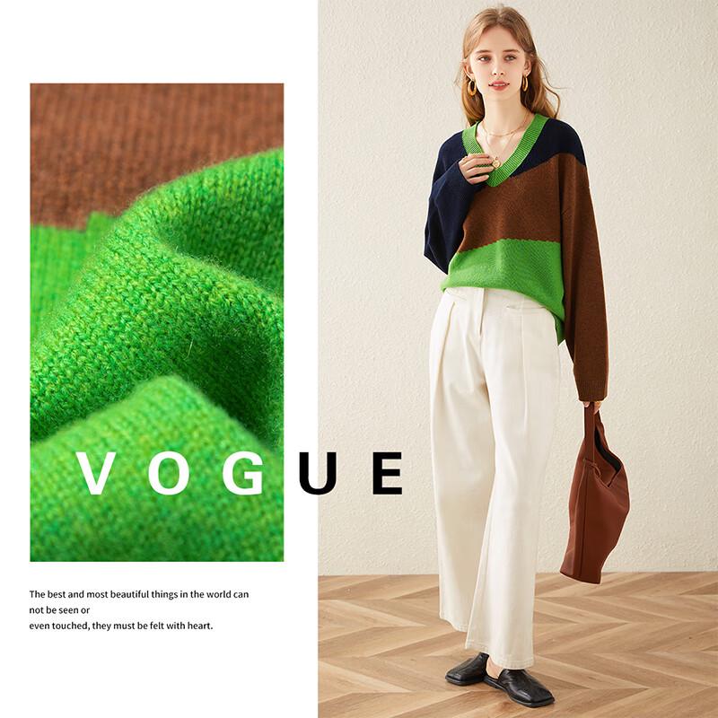 Women's Thick 100% Wool V-Neck Color Block Sweater