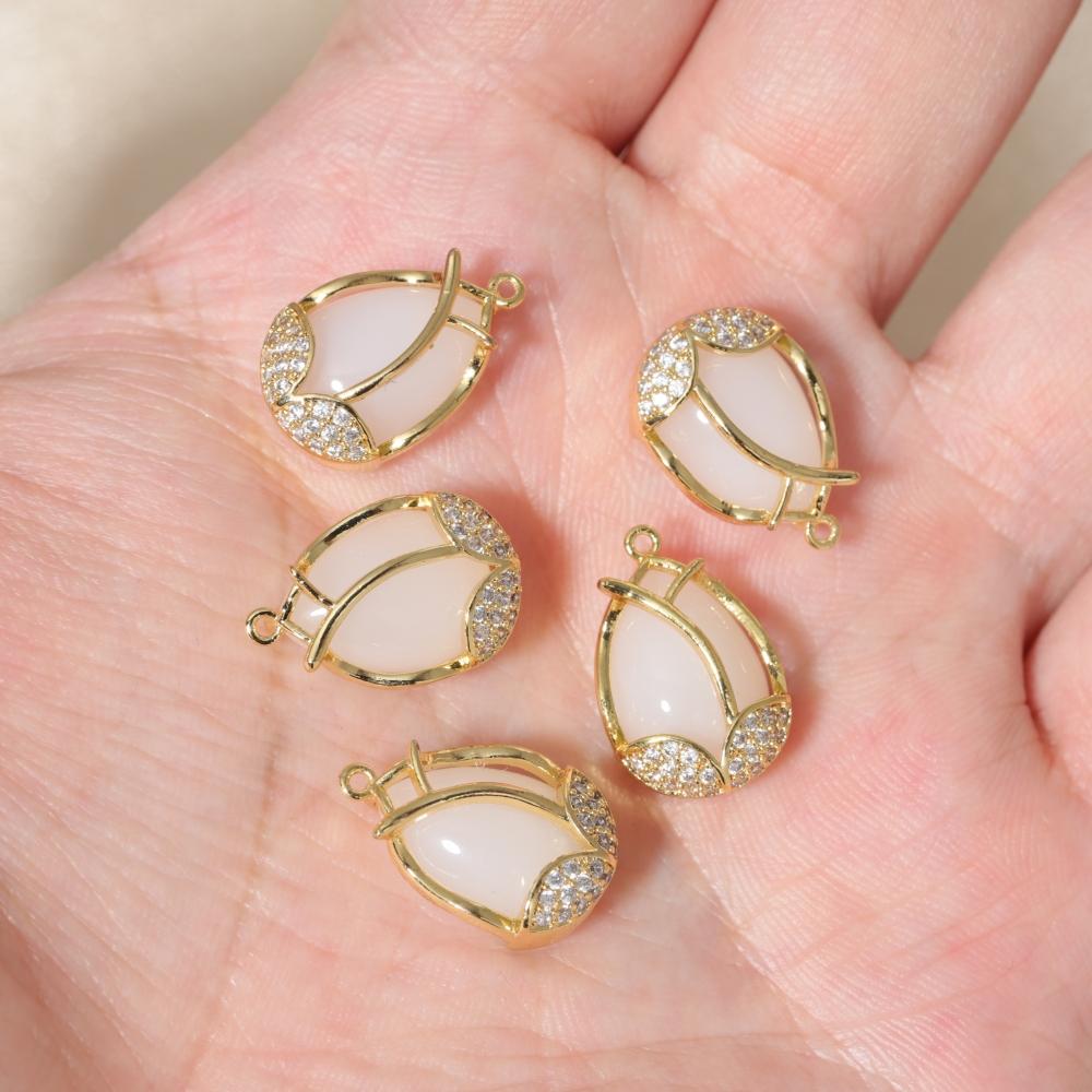 Copper Tulip Flower Charms with Green & Clear Zirconia, Golden Plated, 2pcs for DIY Jewelry Making