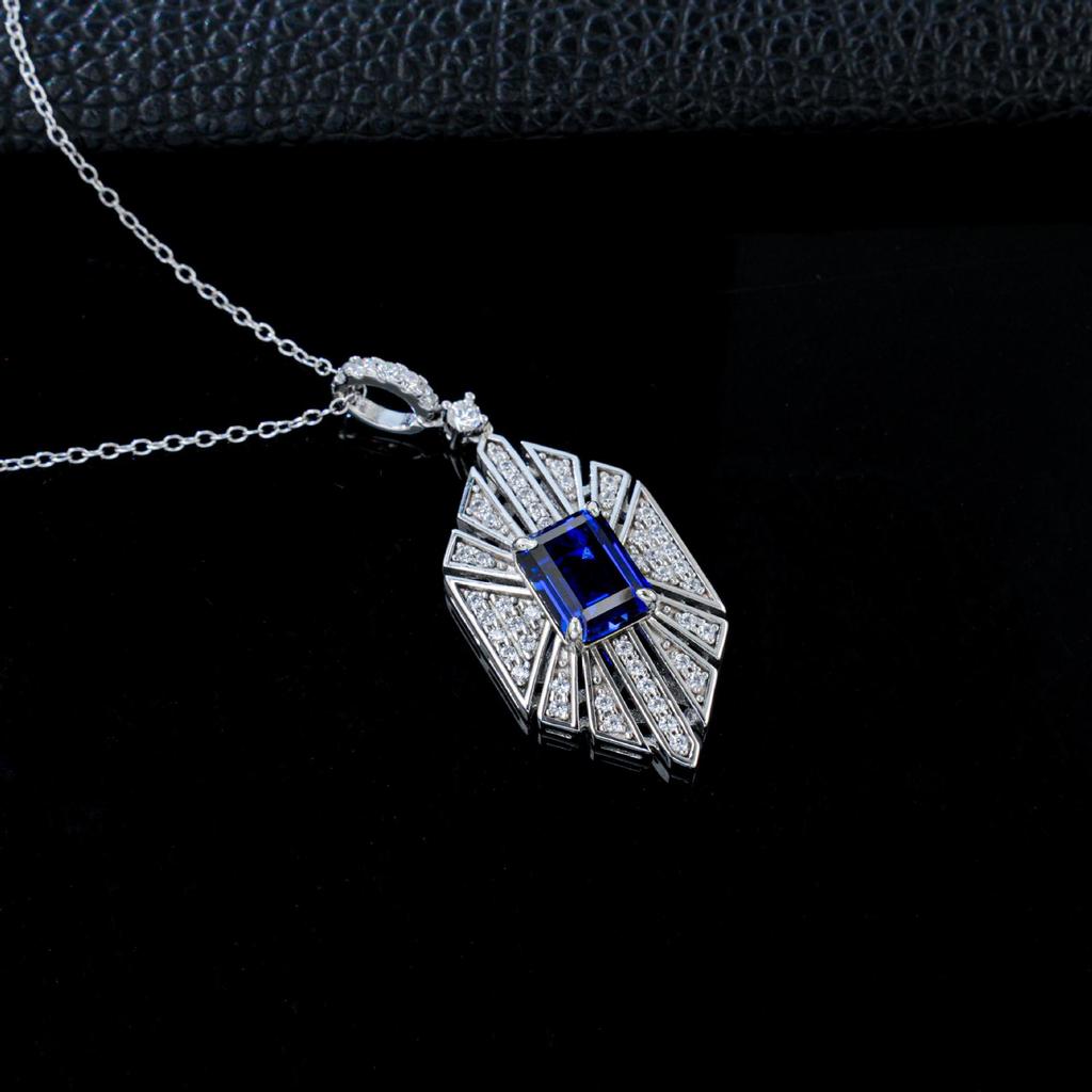 Luxurious Retro Geometric Necklace with Grand Square Blue Sapphire, Symmetrical Layered Inlaid Stones - Exquisite Anniversary Gift.