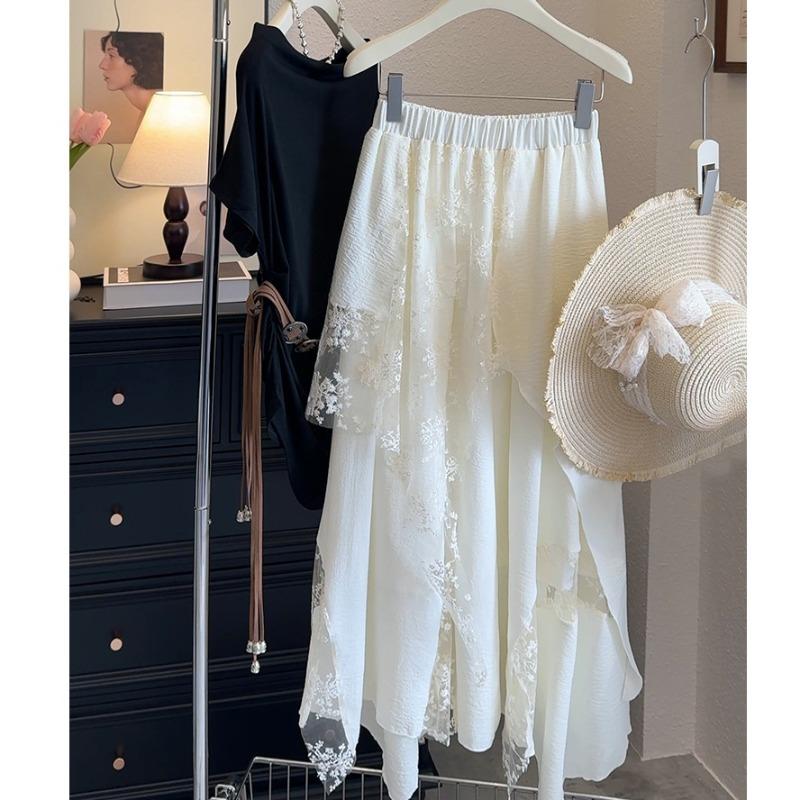 Korean heavy industry lace mesh skirt spring and summer new big pendulum a word skirt design sense niche long skirt tide