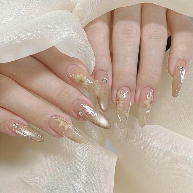 Cat's eye wearing nail piece Removable flower nail piece Autumn nail piece Advanced sense with drill Long nail patch