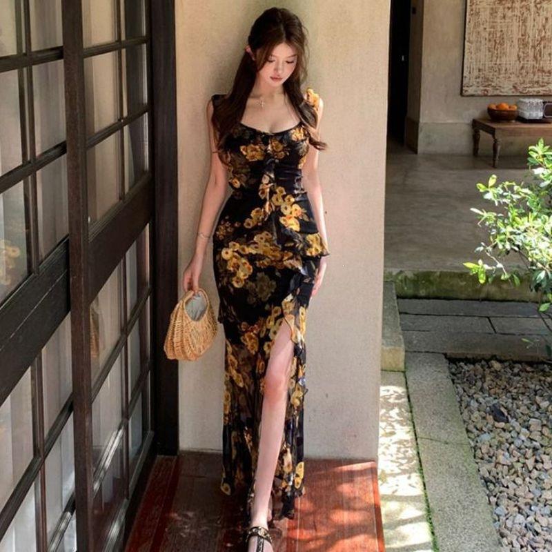 LC high-end rendering floral dress women's summer super fairy pink gauze dress sexy hip wrap waist slim fit