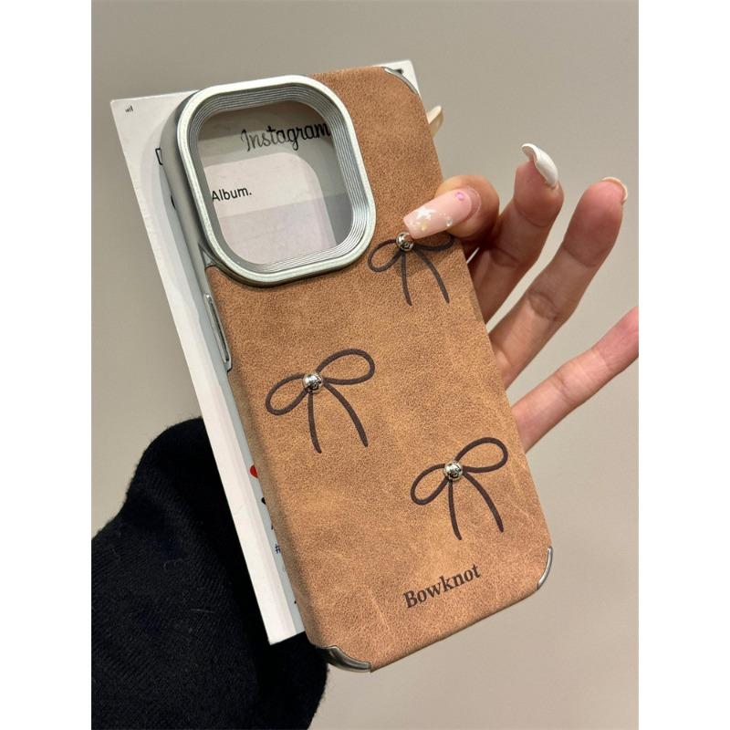 Retro Leather Brown Bow Suitable for Apple 16promax Mobile Phone Case IPhone 14 Anti Fall 13 11 12