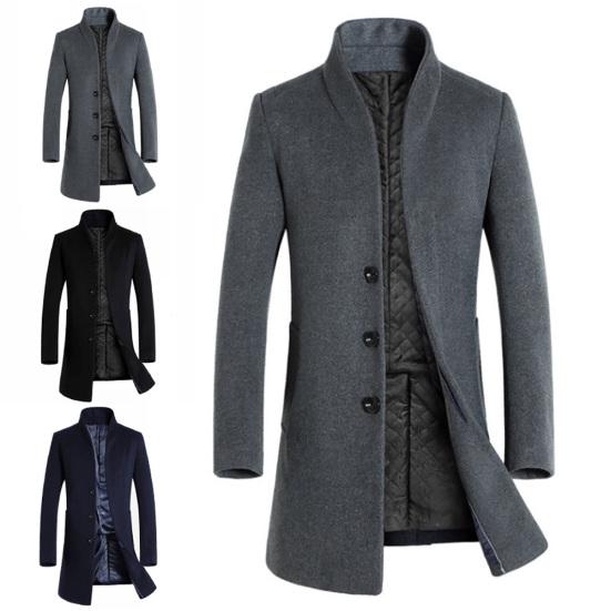 Men Winter Warm Solid Color Woolen Trench Coat Outwear Overcoat Long Jacket