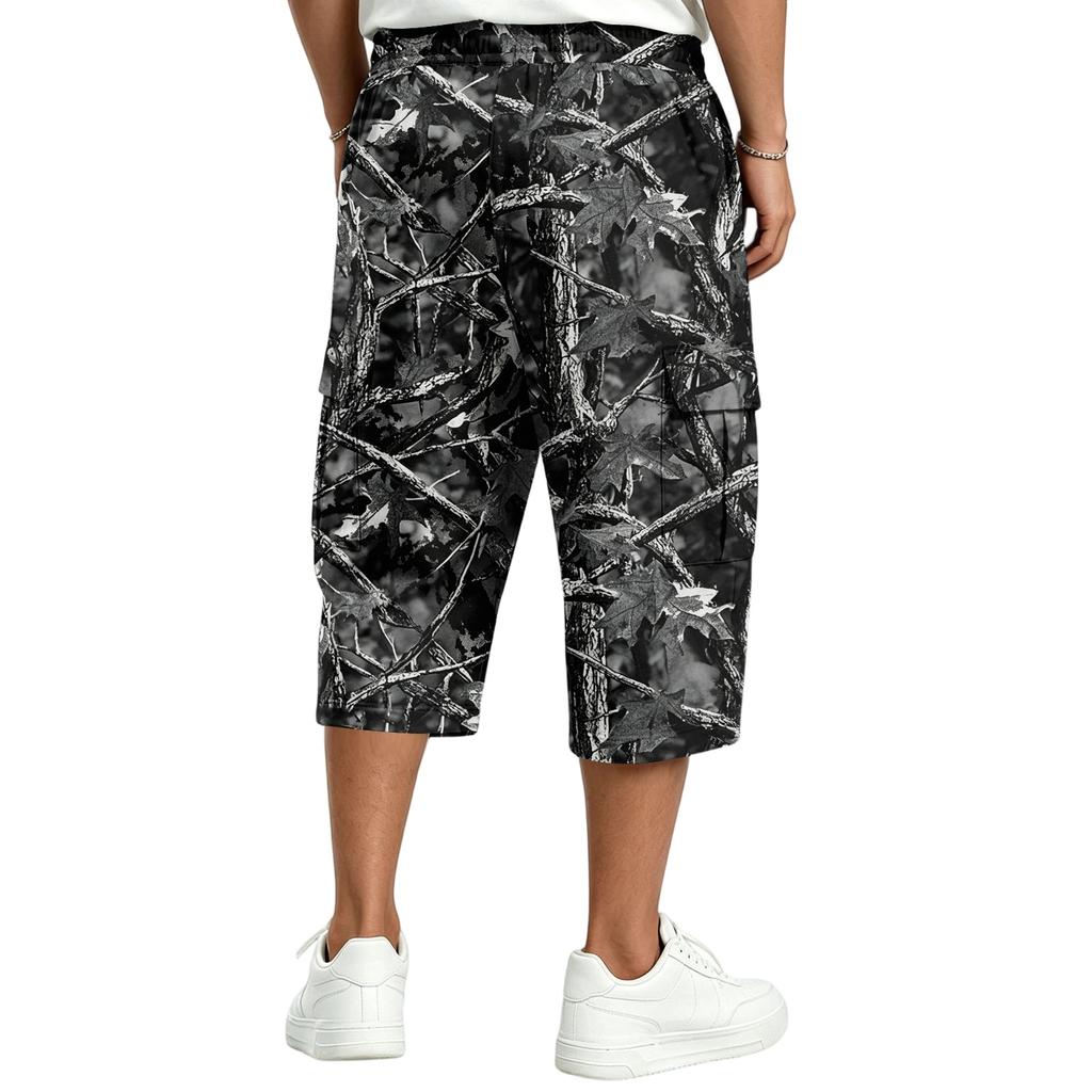 Calções Cargo Camuflados para Homem com Cintura de Cordão - Calções Casuais com Vários Bolsos para Aventuras ao Ar Livre