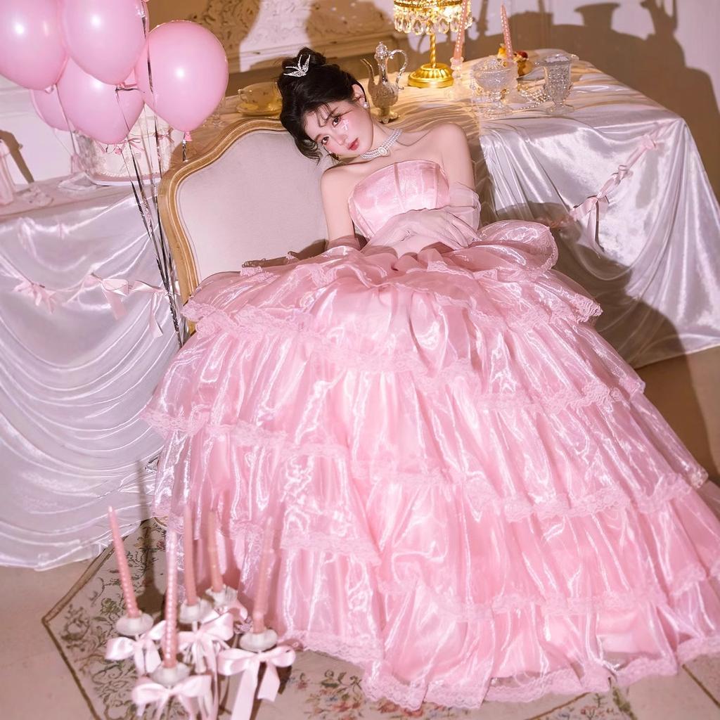 Tube Top Male Wedding Dress Dress Skirt French Retro Premium Texture Pink Lace Birthday Travel Photo Is Beautiful