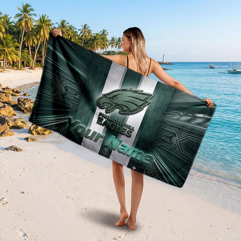 Philadelphia Eagles Customized Name Text Beach Towel, Soft Absorbent Towel Beach Pool Travel Personal Gift