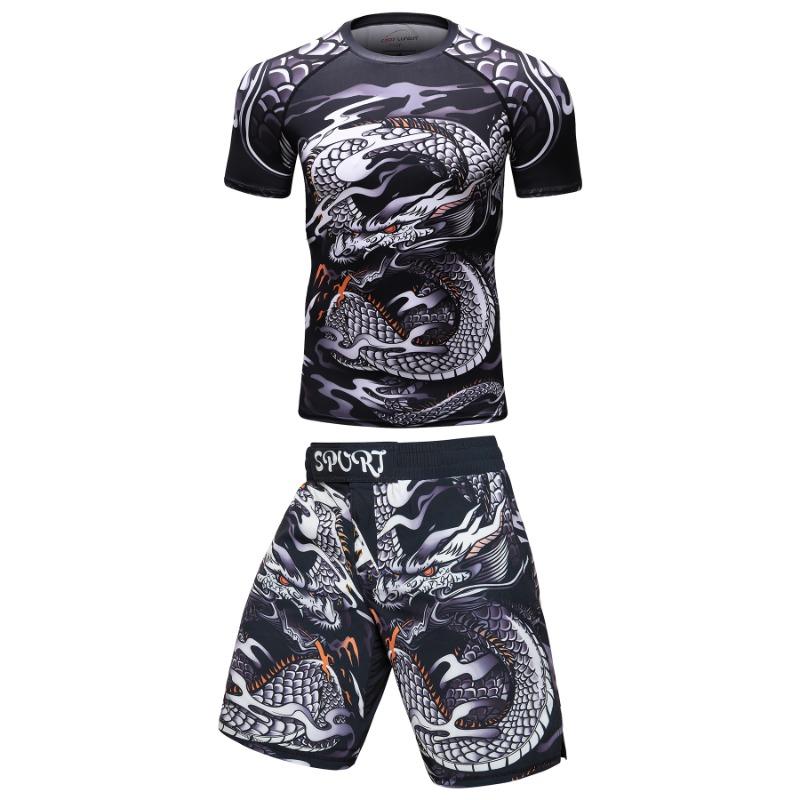 2 PCS Sports Suit Bjj Jiu Jitsu Gi Rashguard+MMA Shorts Muay Thai Pants Cool Boxing Grappling Wear Gym Fitness Running Clothes