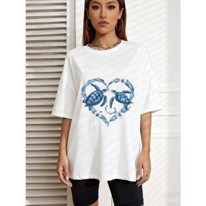 

Women Casual Loose T Shirt White Turtle Heart Print Summer Top For Beach And Daily Wear XXXXL білий