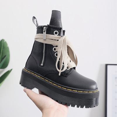 Top Layer Thick Bottom Hole Martin Boots Women's Side Zipper Lychee Pattern Short Boots Leather Muffin Bottom Long Tongue