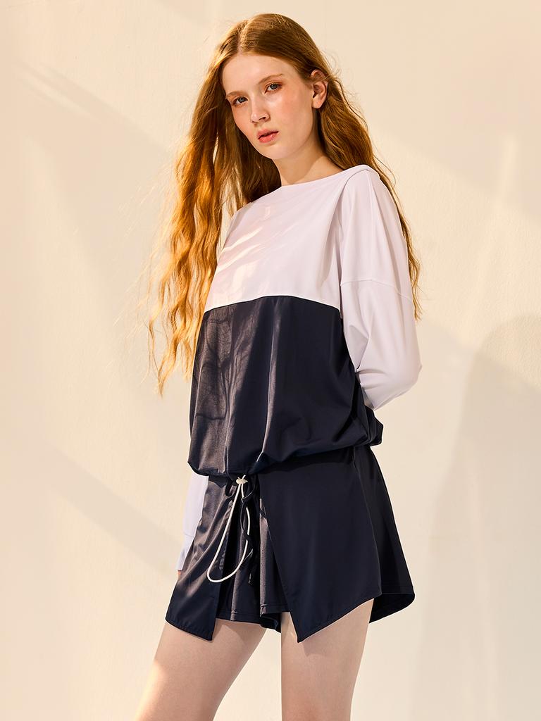 Bohemianbeullu [Set] String Tie Boat Neck Women'S Loose Fit Rash Guard Wn/Deep Navy Layered Wrap Shorts Set-Up