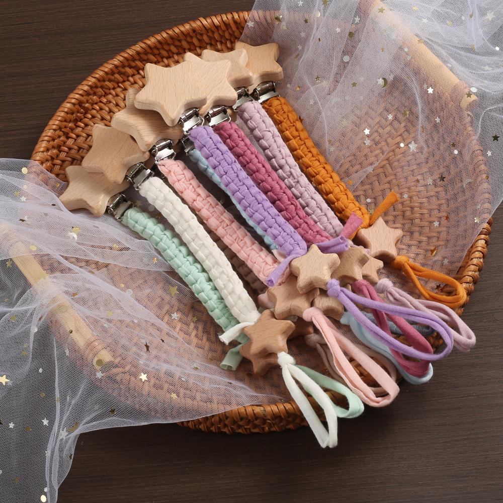 Baby Beech Wood Pentagram Pacifier Clip Handmade Woven Cotton Soother Nipple Chain For Baby Nursing Teether Chewing Toys Gift