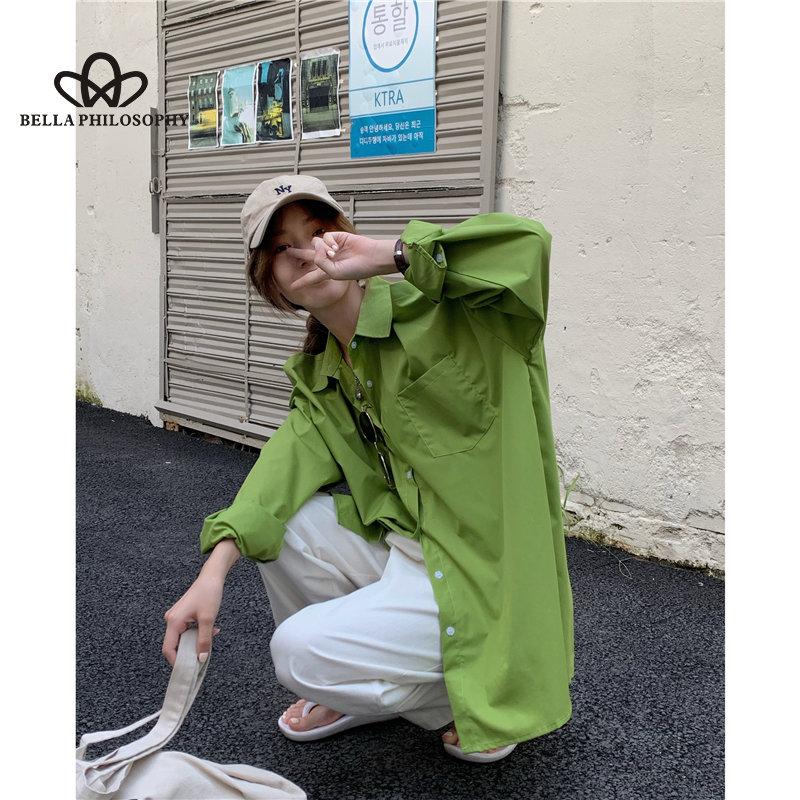 Loose All-Match Long-Sleeved Shoulder Shirt Woman Casual Elegant Fashion Green Loose Long Shirt