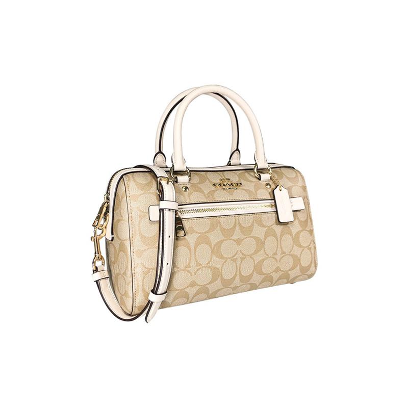 COACH Rowan 27 brand logo zipper closure PVC Boston bag hand-held shoulder crossbody bag large size women's light khaki color