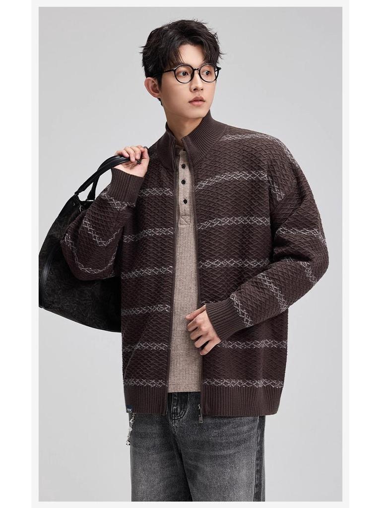 Retro Striped Men's Stand-Up Collar Knit Cardigan Sweater - Autumn Casual Loose Fit