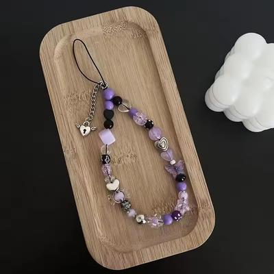 Korea Purple Beaded Flower Candy Butterfly Bracelet Phone Chain Pendant For iPhone Universal Accessories Chain Stylish Jewelry