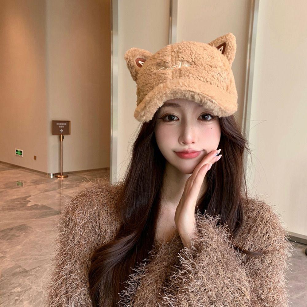 Windproof Cat Ears Baseball Hat Warm Winter Peaked Cap Cute Lamb Wool Baseball Cap  Female