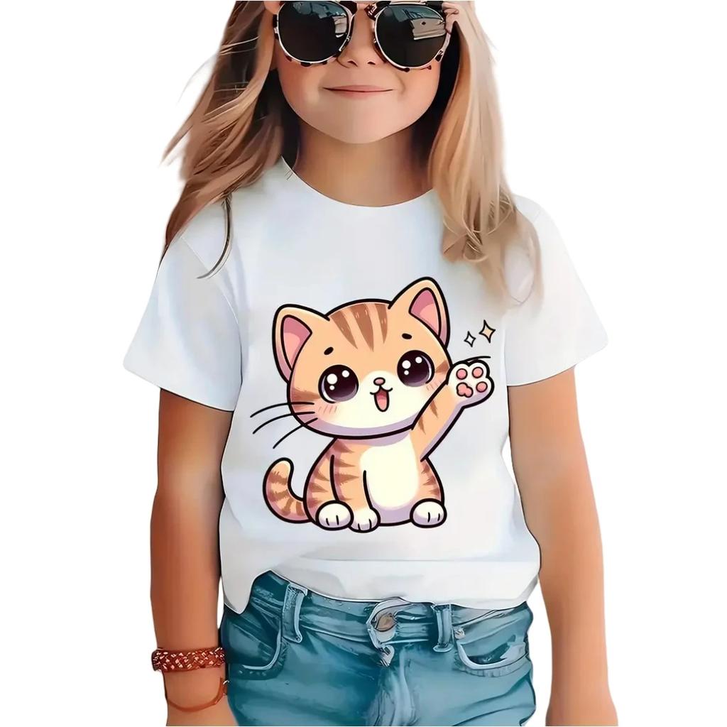 Cartoon Katze Mädchen T-Shirt Kurzarm T-Shirts Mädchenkleidung Rundhals Oberteil Mode Junior Mädchenbekleidung Niedliche Outdoor Kinder T-Shirts
