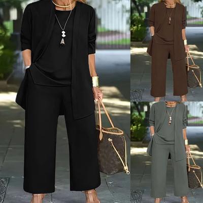 Women's Sets Solid Color Casual Long-sleeved Cardigan Jacket Vest Trousers Three-piece Set
