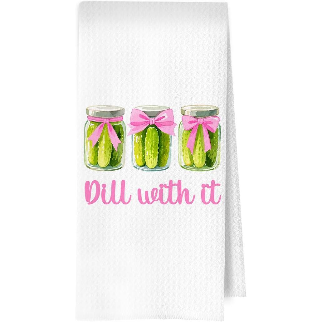 Funny Pickle Kitchen Towels - Pink Coquette Pickle Gifts Waffle Decorative Dish Towels, Foodie Gifts Hand Towel, Pink Bow Food Tea Towel, 16x24 Pickle-01