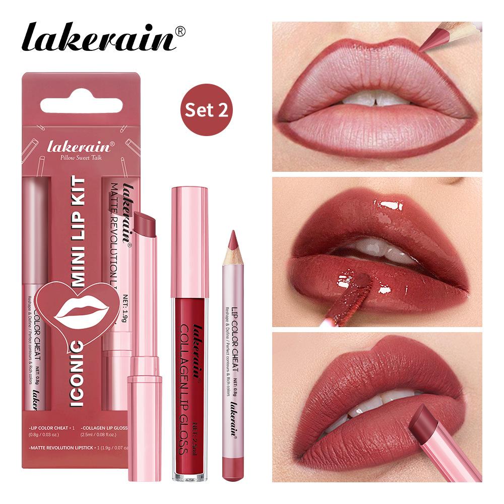 3-teiliges Lippen-Make-up-Set Lipliner Lipgloss Lippenstift Spiegeleffekt Beep Lips Hohe Farbe Lang anhaltend Spendet Feuchtigkeit Reise-Mini-Set