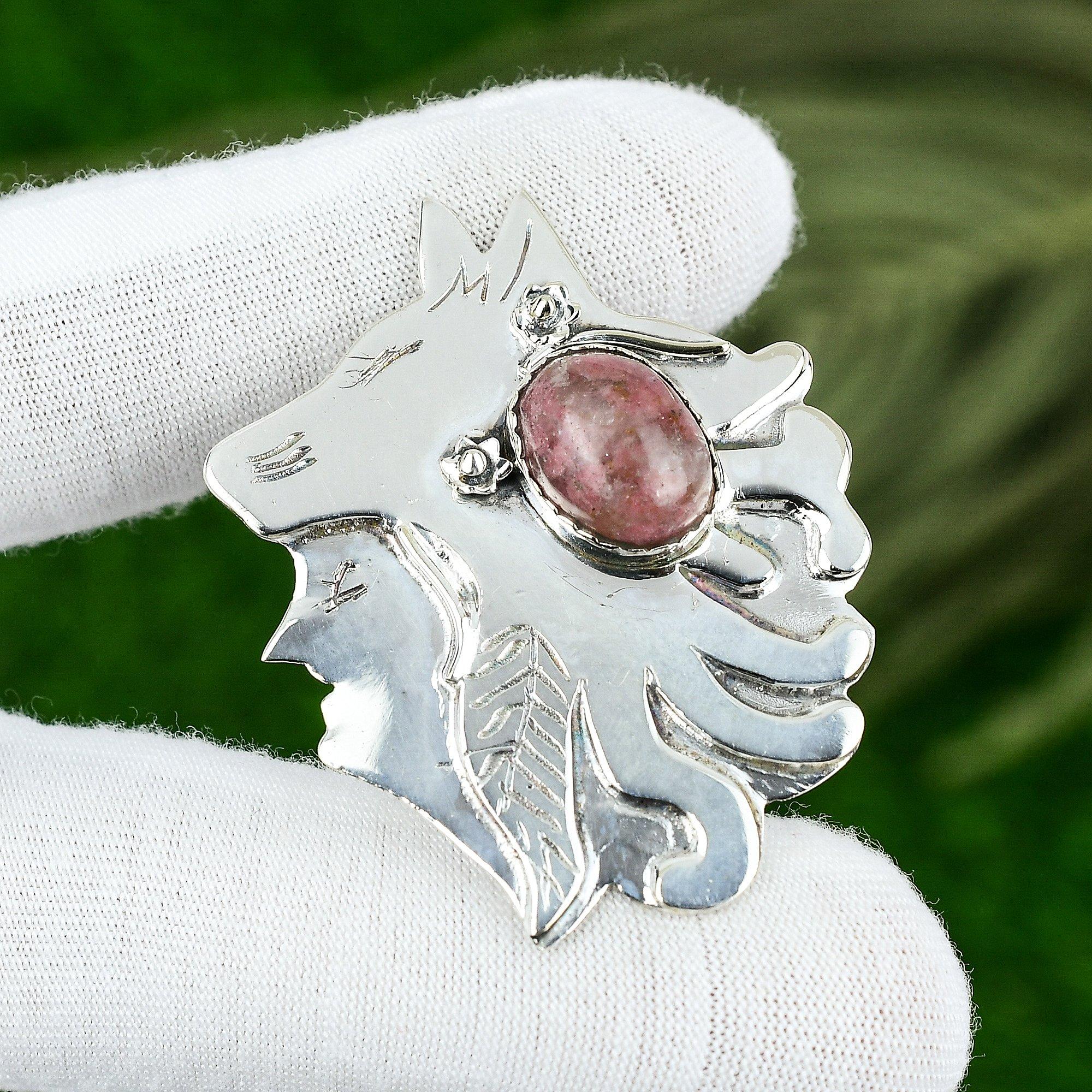 Oval Natural Thulite Sterling Silver Mother Wedding Birthday Unique Boho Pendant