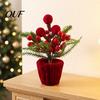 Holiday Desk Decorations Velvet Christmas Ball Potted Plants, Mini Tree with Artificial Pine, Tabletop Red Berry, Fabric Bow, Centerpiece for